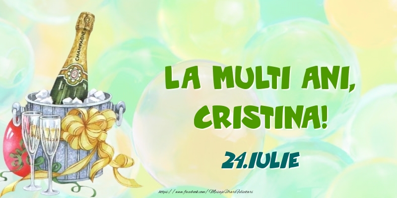 La multi ani, Cristina! 24.Iulie | Felicitare cu șampanie la gheața pe fundal cu baloane | Felicitari de Ziua Numelui