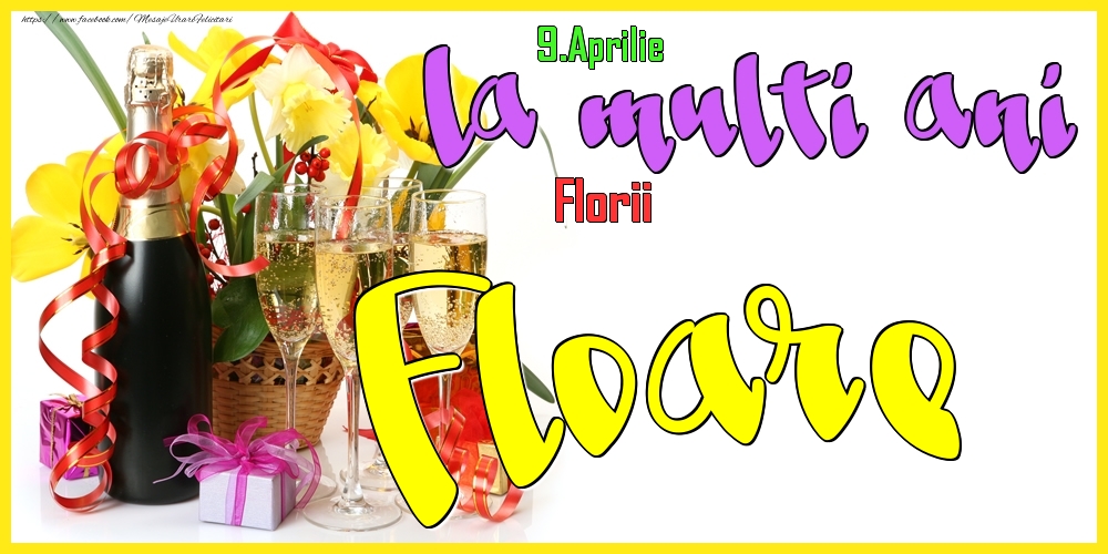 9.Aprilie - La mulți ani Floare! - Florii | Felicitare cu flori galbene în coș și sampanie cu pahare | Felicitari de Ziua Numelui