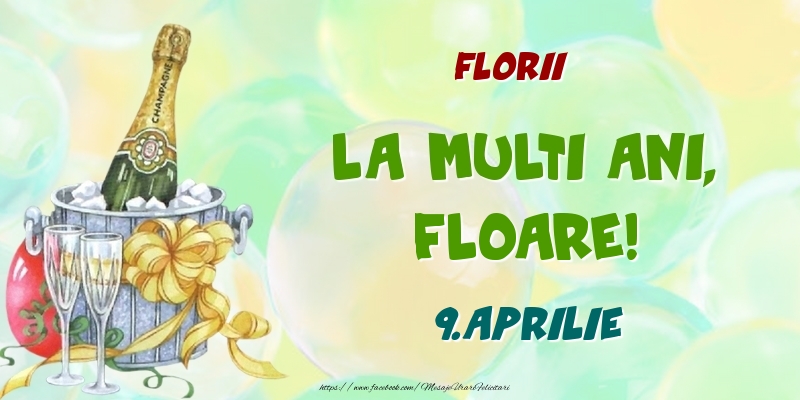 Florii La multi ani, Floare! 9.Aprilie | Felicitare cu șampanie la gheața pe fundal cu baloane | Felicitari de Ziua Numelui