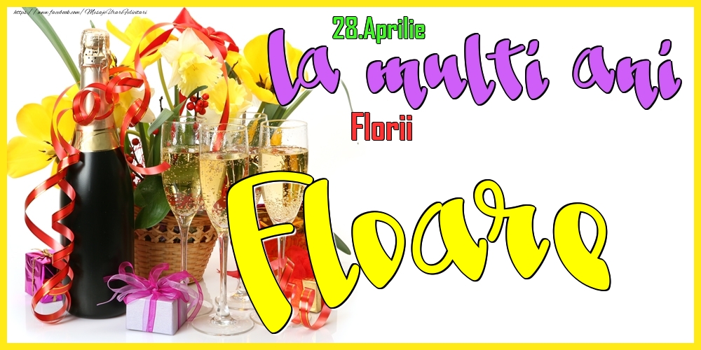 28.Aprilie - La mulți ani Floare! - Florii | Felicitare cu flori galbene în coș și sampanie cu pahare | Felicitari de Ziua Numelui