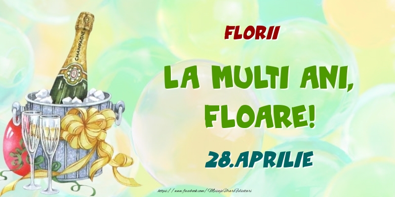 Florii La multi ani, Floare! 28.Aprilie | Felicitare cu șampanie la gheața pe fundal cu baloane | Felicitari de Ziua Numelui