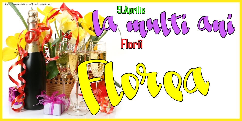 9.Aprilie - La mulți ani Florea! - Florii | Felicitare cu flori galbene în coș și sampanie cu pahare | Felicitari de Ziua Numelui