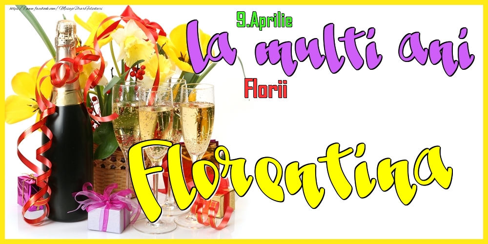 9.Aprilie - La mulți ani Florentina! - Florii | Felicitare cu flori galbene în coș și sampanie cu pahare | Felicitari de Ziua Numelui