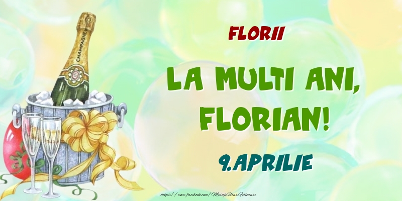 Florii La multi ani, Florian! 9.Aprilie | Felicitare cu șampanie la gheața pe fundal cu baloane | Felicitari de Ziua Numelui