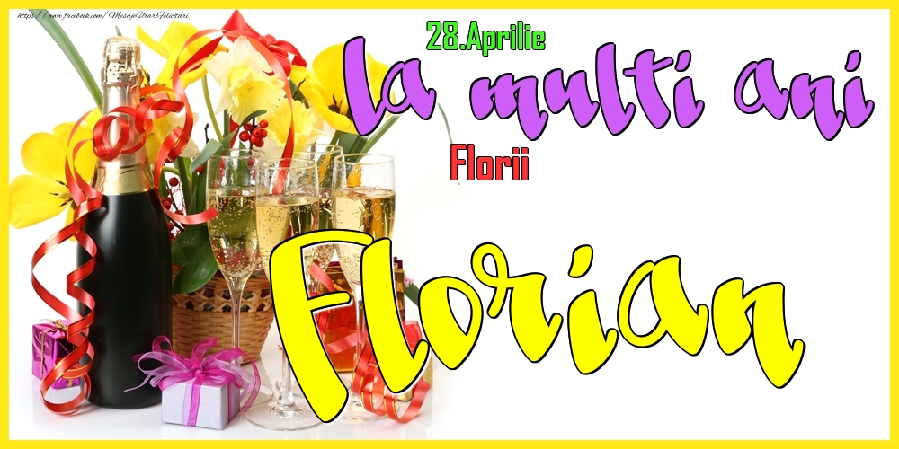 28.Aprilie - La mulți ani Florian! - Florii | Felicitare cu flori galbene în coș și sampanie cu pahare | Felicitari de Ziua Numelui