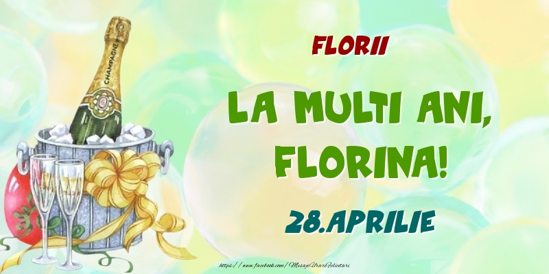 Florii La multi ani, Florina! 28.Aprilie | Felicitare cu șampanie la gheața pe fundal cu baloane | Felicitari de Ziua Numelui